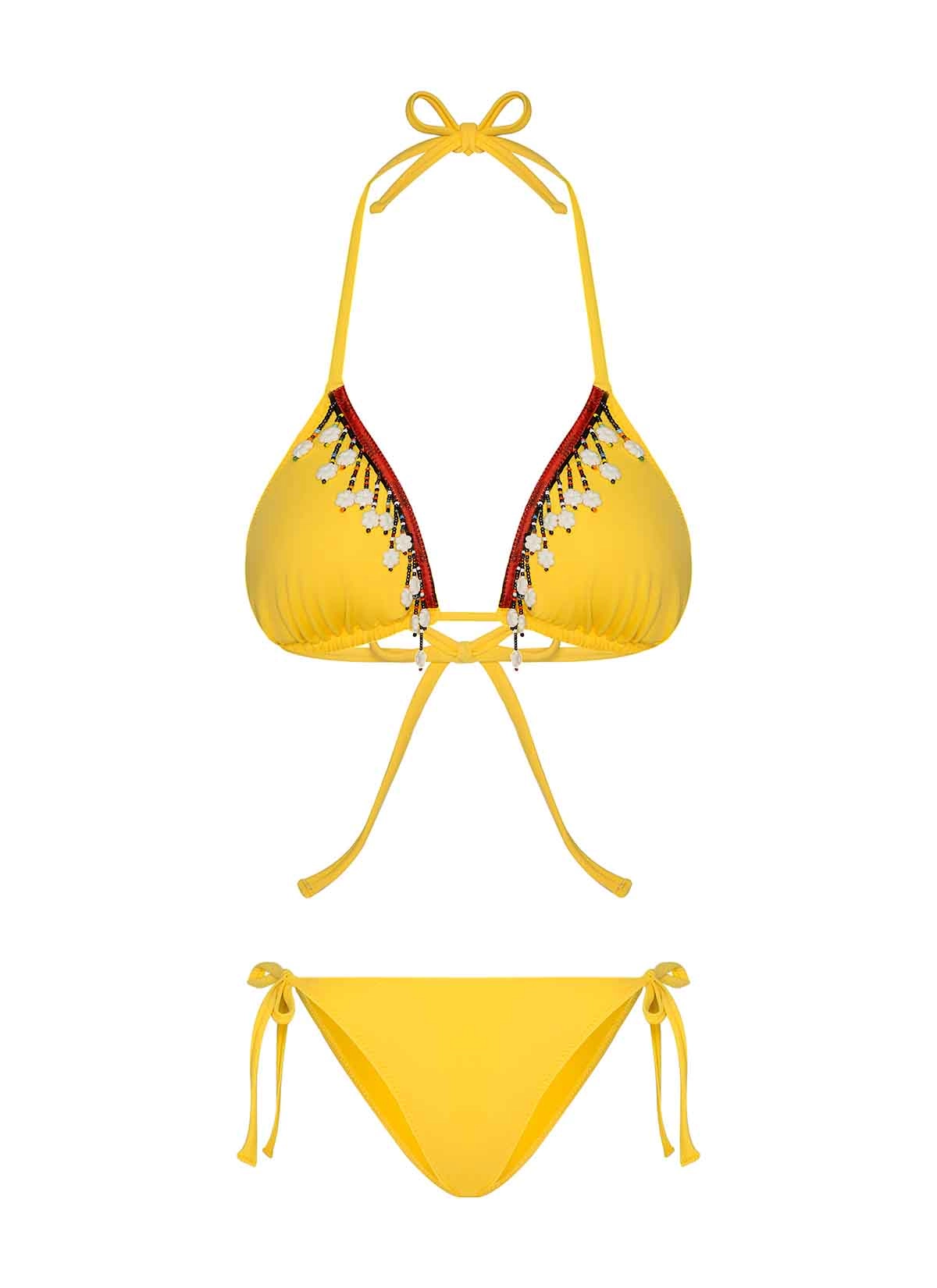 Caden Boru Boncuk Aksesuarlı Sarı Üçgen Bikini Takımı