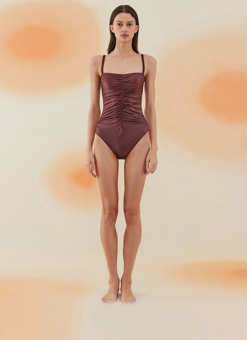HAMADA BURNT UMBER DRAPELİ STRAPLEZ MAYO