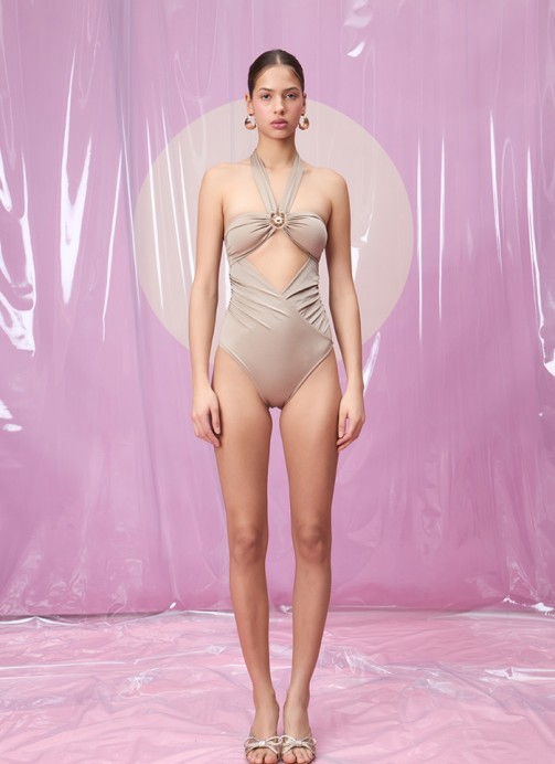 FUEGO STONE BEIGE GÜNEŞ AKSESUARLI BALENLİ BOYUNDAN BAĞLAMALI MAYO