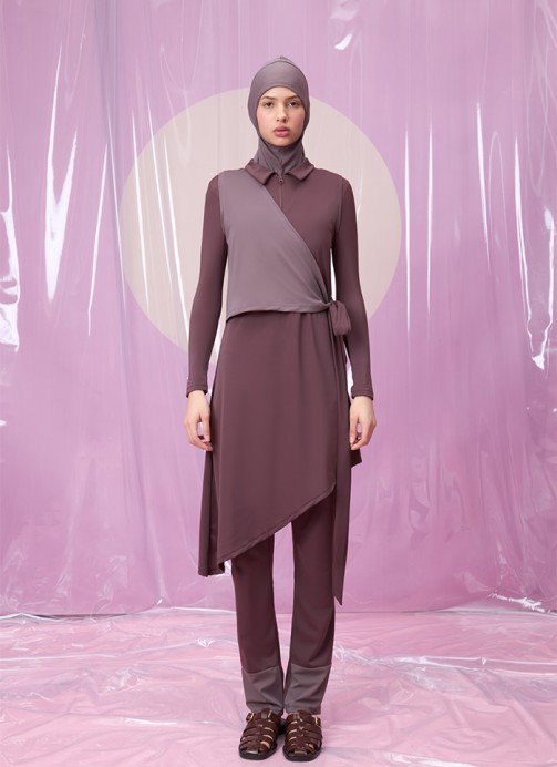 VENTANA ROUGE POLO YAKA BAĞLAMALI ETEKLİ TESETTÜR TAKIM MAYO