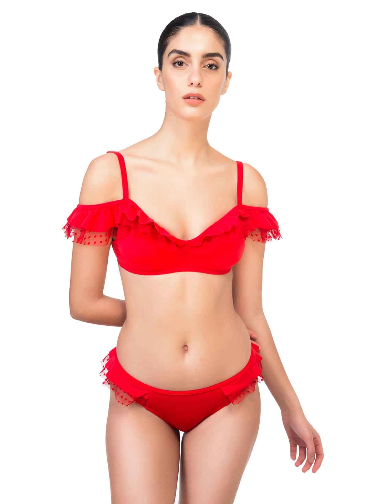 Volanlı Kırmızı Tüllü Bikini Takımı