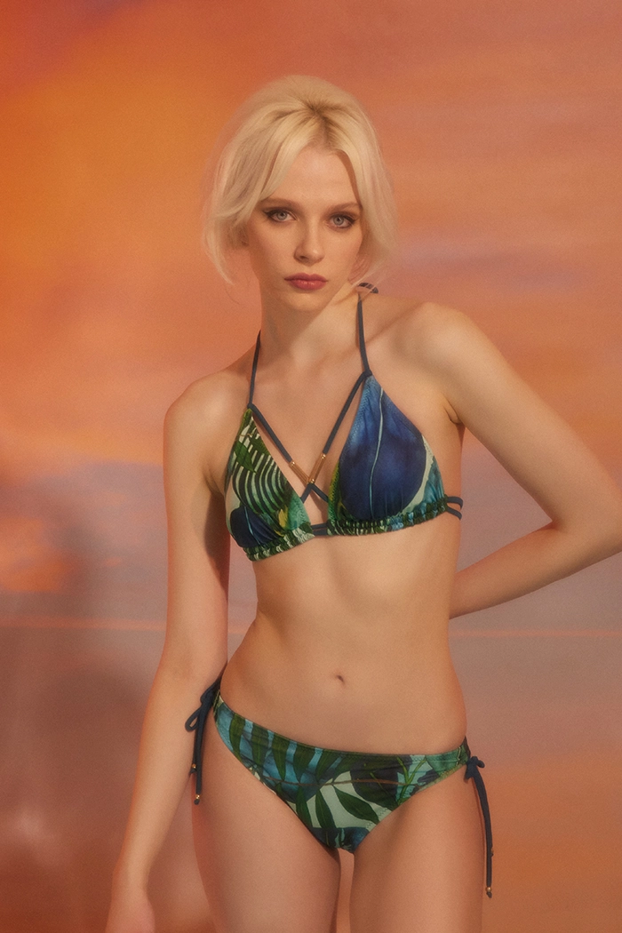 Boru Boncuk Aksesuarlı Turkuaz Üçgen Bikini