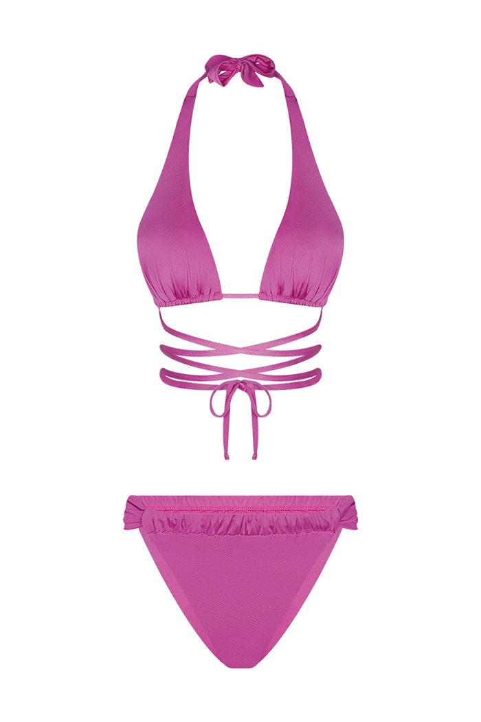 Üçgen Bağlamalı Büzgü Detaylı Pembe Bikini Takımı