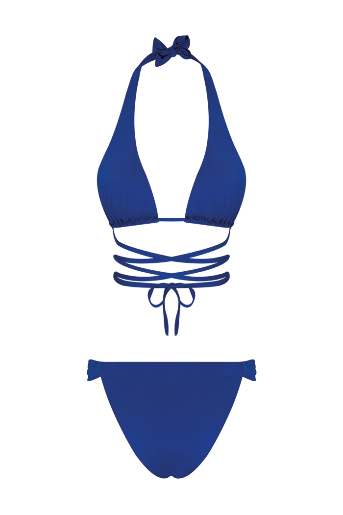 Üçgen Bağlamalı Büzgü Detaylı Saks Bikini Takımı