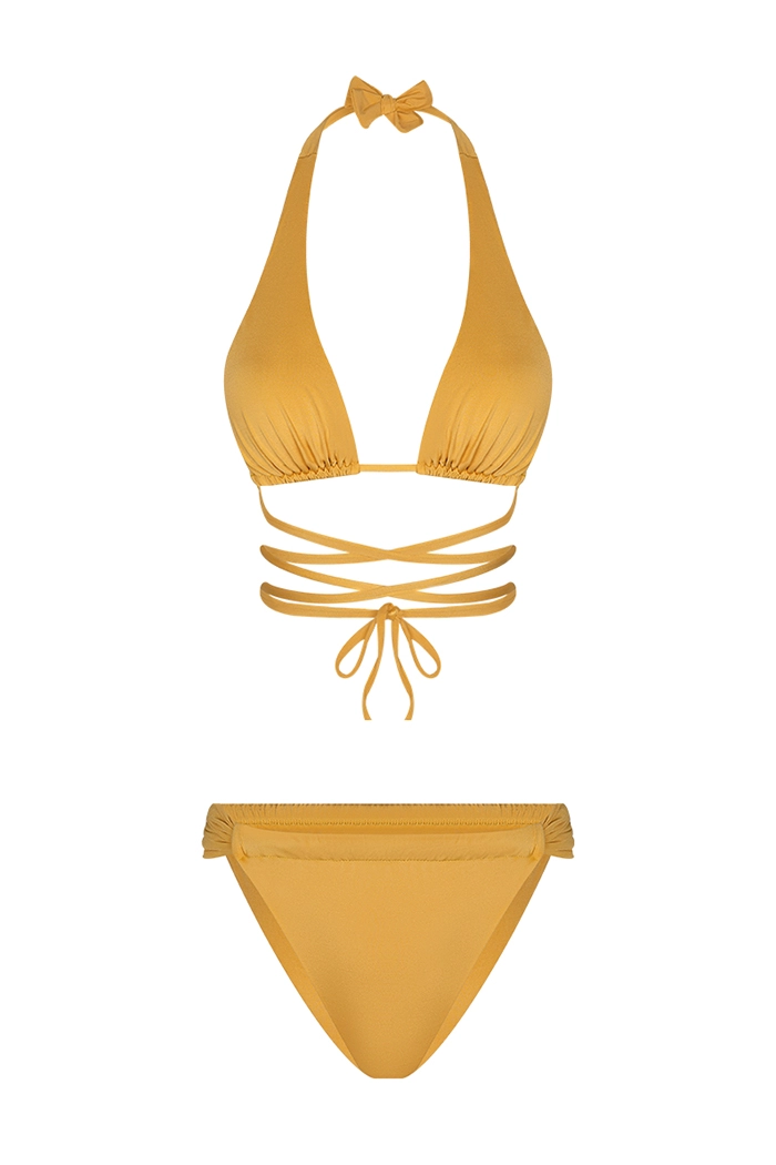 Üçgen Bağlamalı Büzgü Detaylı Sarı Bikini Takımı