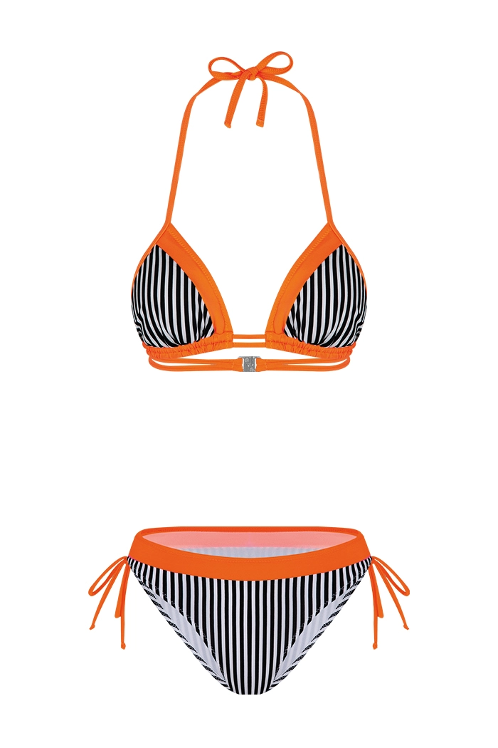 Üçgen Neon Turuncu Çizgili Bikini Takımı