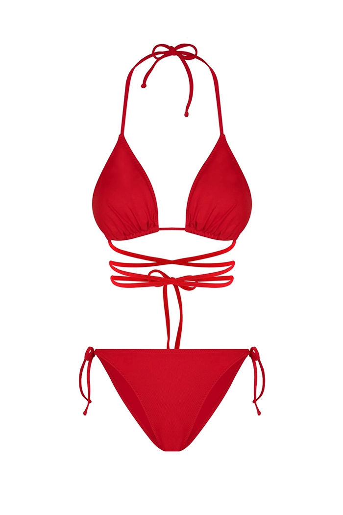 Janis Kırmızı Belden Bağcıklı Üçgen Bikini Takımı
