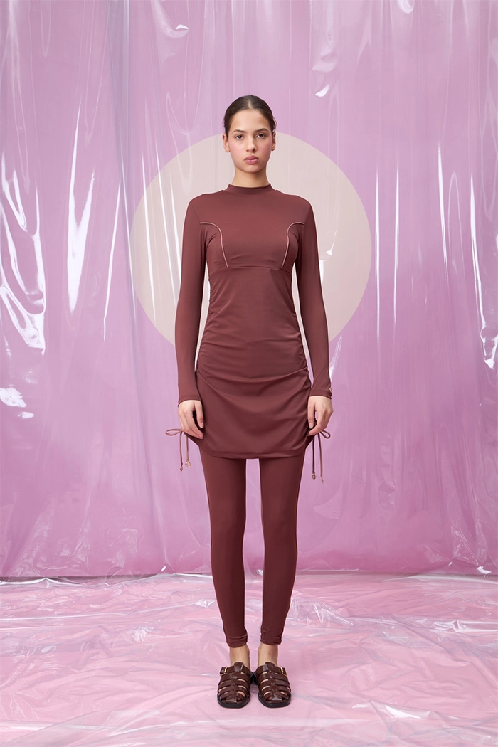 MELINA ROSEWOOD BÜZGÜ DETAYLI UZUN TESETTÜR TAKIM MAYO