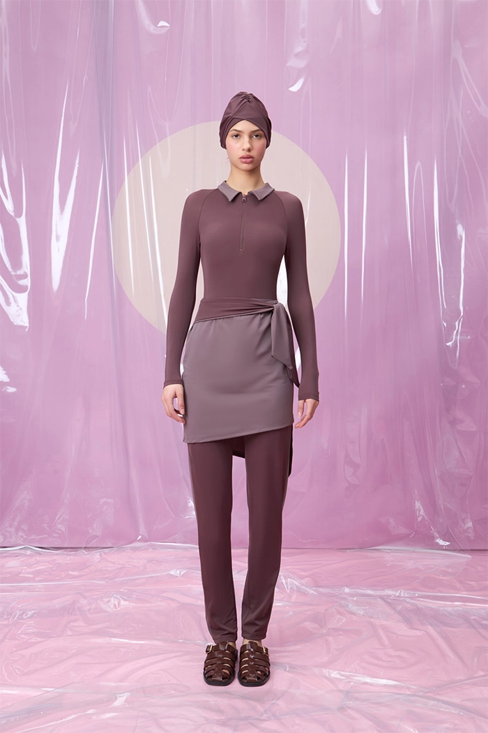 ROMINA ROUGE POLO YAKA ETEKLİ TESETTÜR TAKIM MAYO